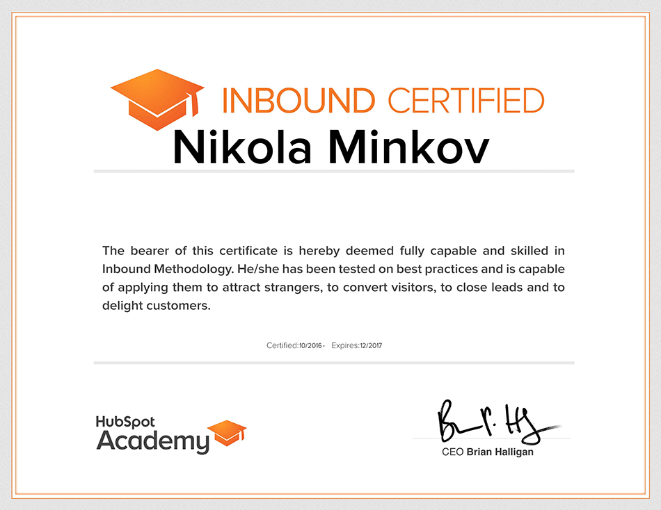 Inbound Certified Nikola Minkov 2017 - HubSpot Academy