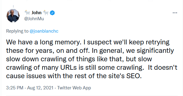 John Mueller от Google споделя в Twiiter, че Google ще продължи още дълги години да обхожда стари пренасочени URL адреси