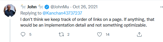 Туит от John Mueller, в който споделя, че не мисли, че Google следва ред при обхождането на линковете в дадена страница