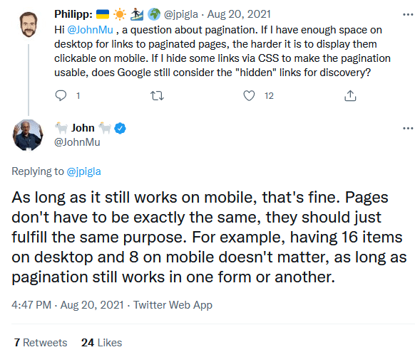 John Mueller от Google отговори на въпрос в Twitter, че версиите на вашия сайт за компютър и за мобилни устройства не е необходимо изцяло да съвпадат, но трябва да изпълняват обща цел