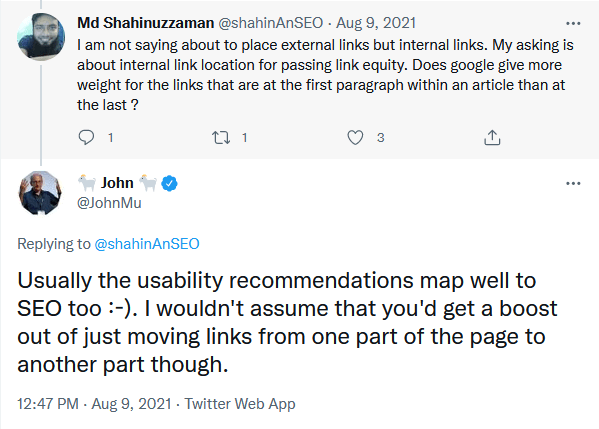 John Mueller от Google отговаря на питане в Twitter, като казва, че просто преместването на позициите на линковете в една страница най-вероятно няма да подобрят класирането на сайт.