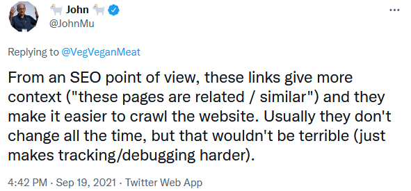 Туит на John Mueller от Google, в който споделя, че не е страшно, ако свързаните страници динамично се променят
