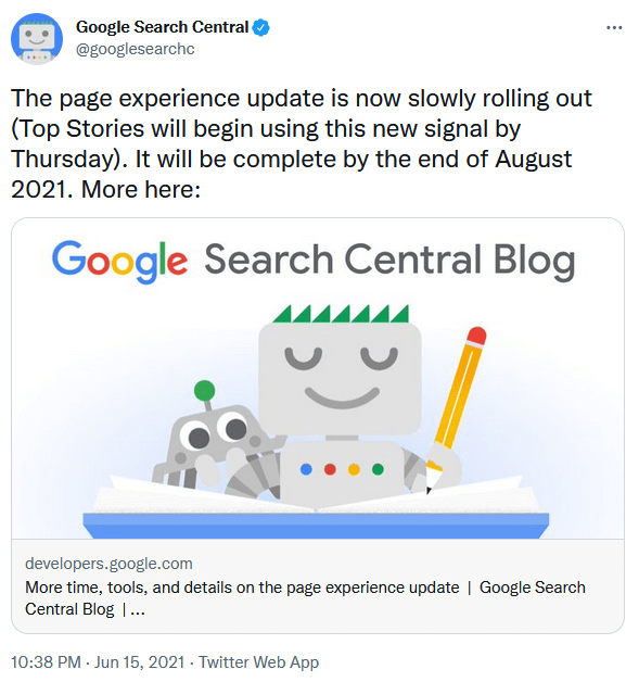 Google обяви в Twitter, че актуализацията на Page Experience е пусната и активна в Google Search и Top Stories
