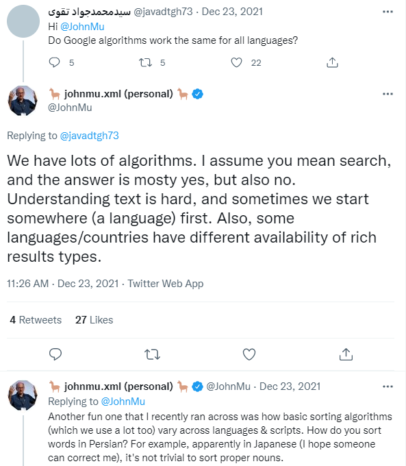 Туит относно алгоритмите на Google и разчитането на езиците
