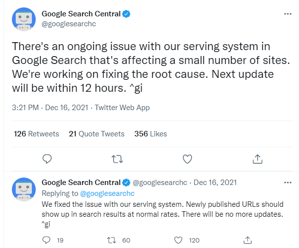 Туит от Google Search Central относно възникнал проблем