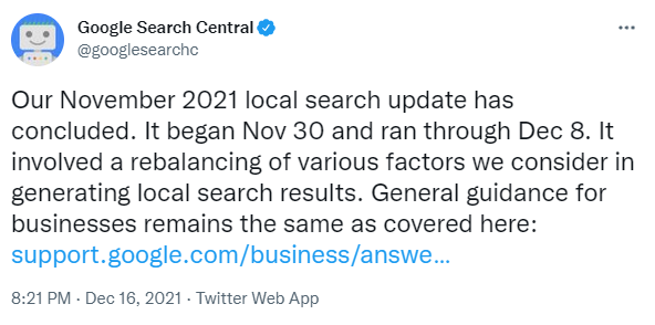 туит от Google за приключване на Local Search ъпдейта
