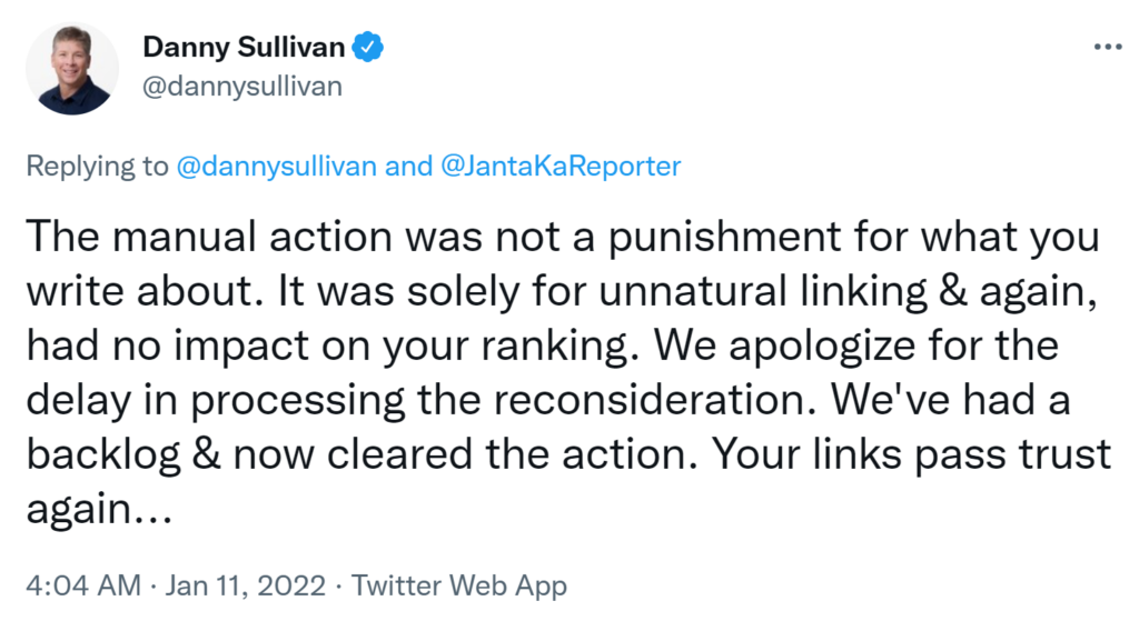 Туит на Danny Sullivan от Google относно неизпълнени ръчни действия
