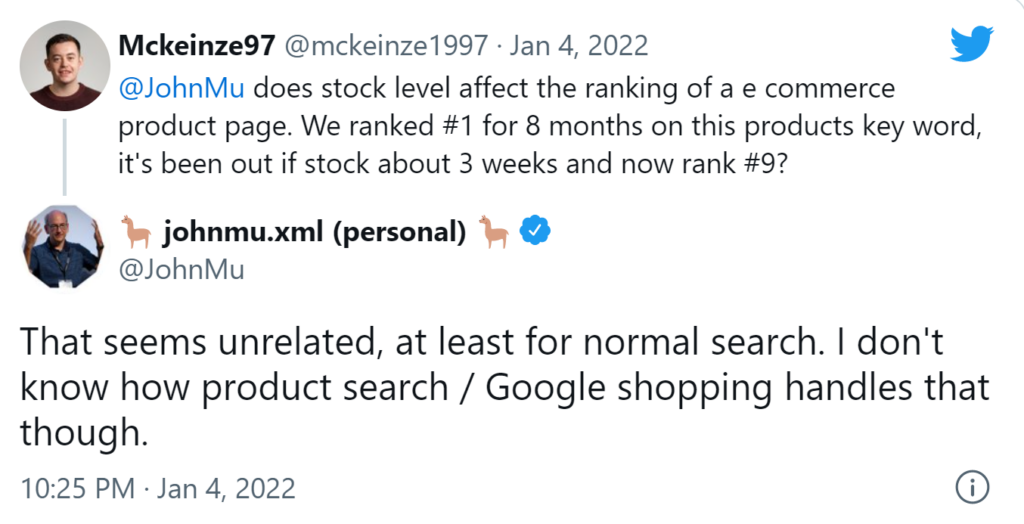 Туит на John Mueller от Google относно stock levels