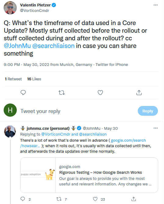 Туит на John Mueller относно Core Update и използването на данните за стартиране на актуализацията
