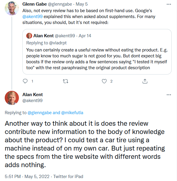 Туит на Glenn Gabe и отговор на Alan Kent за актуализацията Product Reviews