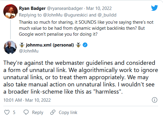отговор на John Mueller от Google относно widget връзките