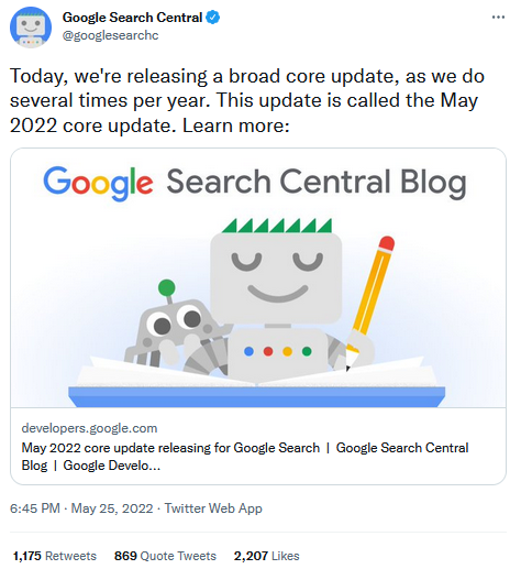 Туит на Google Search Central за Core Update May