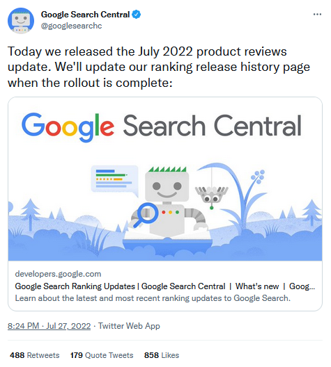 туит на Google Search Central за четвъртата актуализация на Product Reviews