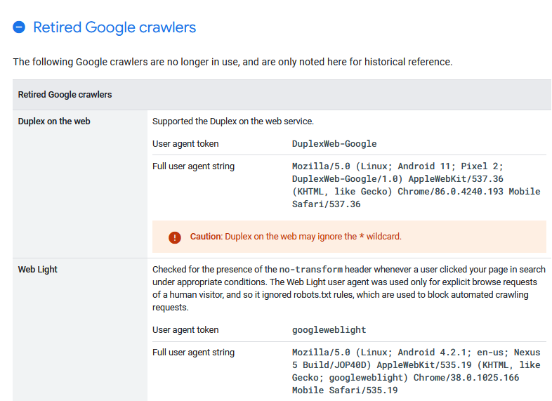 Нова секция Retired Google Crawlers