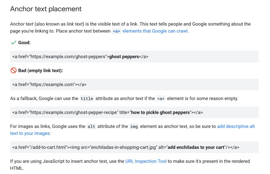 Част от документацията на Google с примери за добри практики при изпилзване на линкове