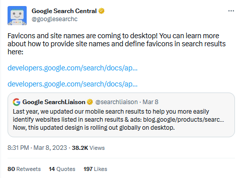 Туит на Google Search Central за наличните sitename, favicon и sponsored label за десктоп