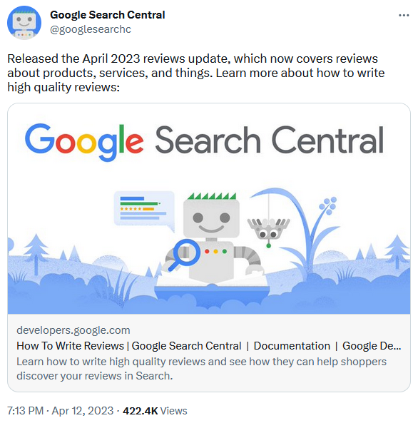 Туит на Google за Reviews Update