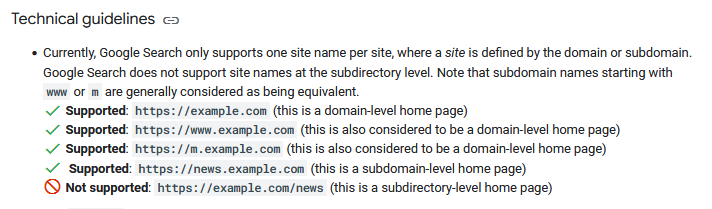 Документация на Google с поддържани site names