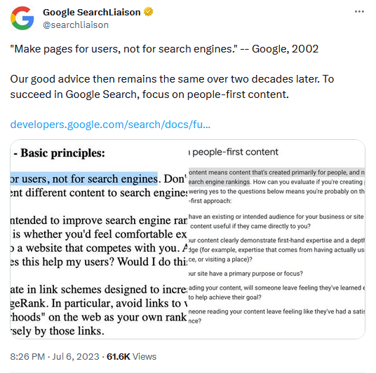 Туит на Danny Sullivan за препоръките на Google, които не са се променили