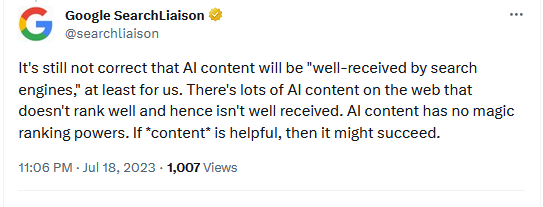 Danny Sullivan с туит относно съдържание, генерирано с AI