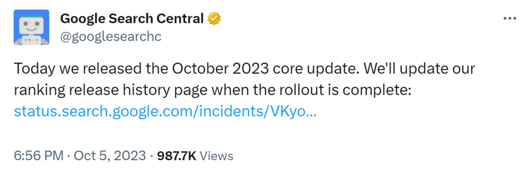 Публикация на Google в X за October 2023 Core Update