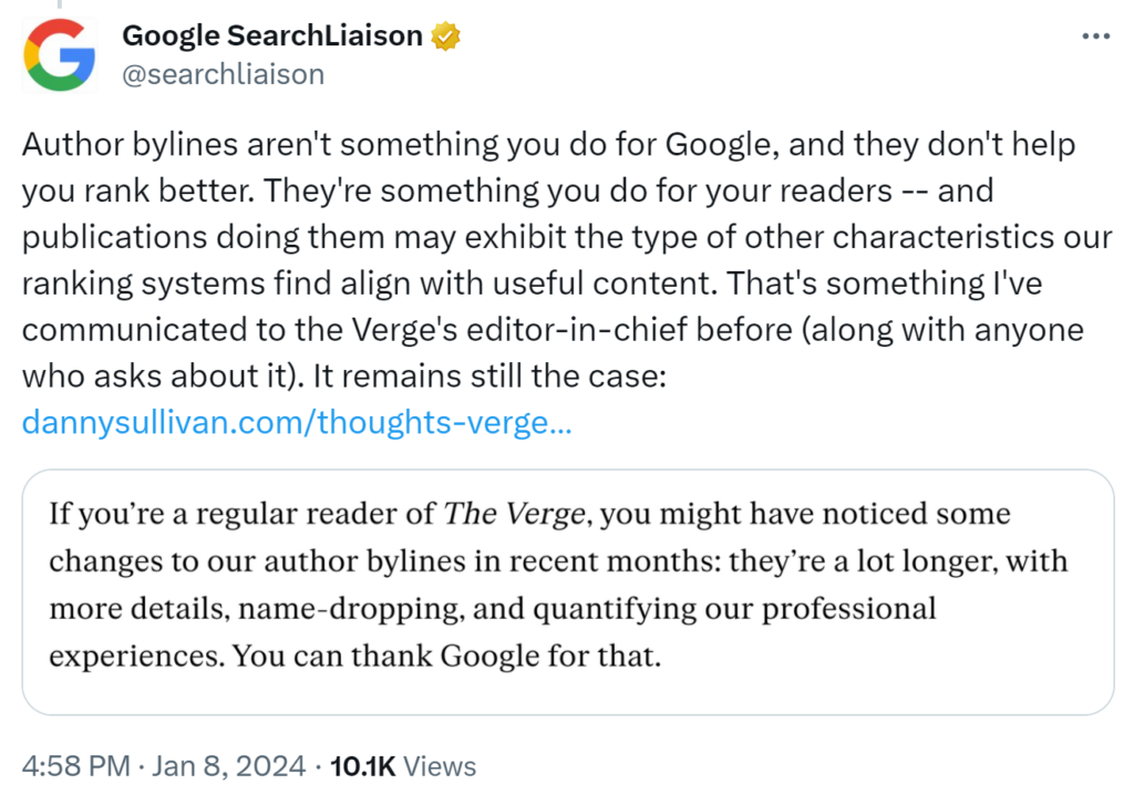 Скрийншот от X с коментар на Danny Sullivan от Google относно добавянето на ред с имена на автор