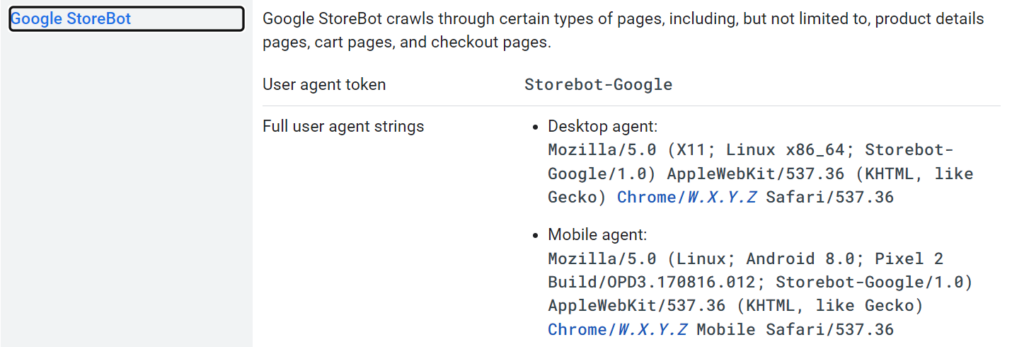 Скрийншот от документация на Google за StoreBot User Agent