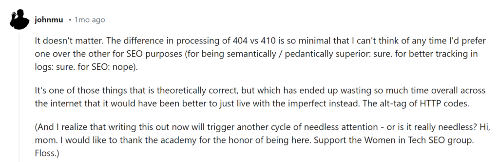 Коментар на John Mueller от Google за разликата между 404 и 410 status code
