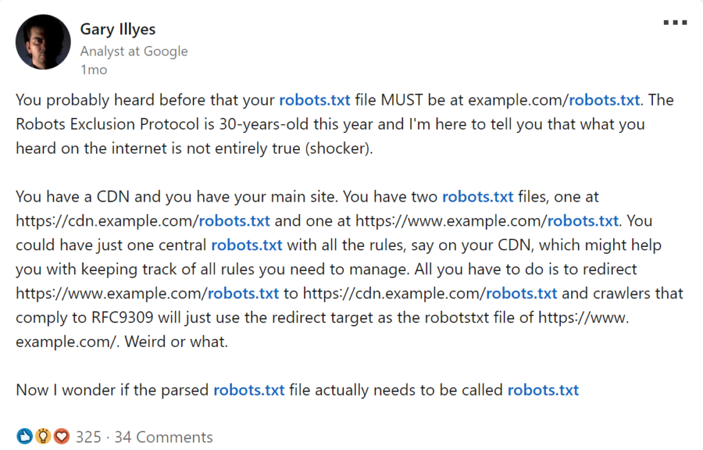 Публикация на Gary Illyes относно robots.txt и CDN