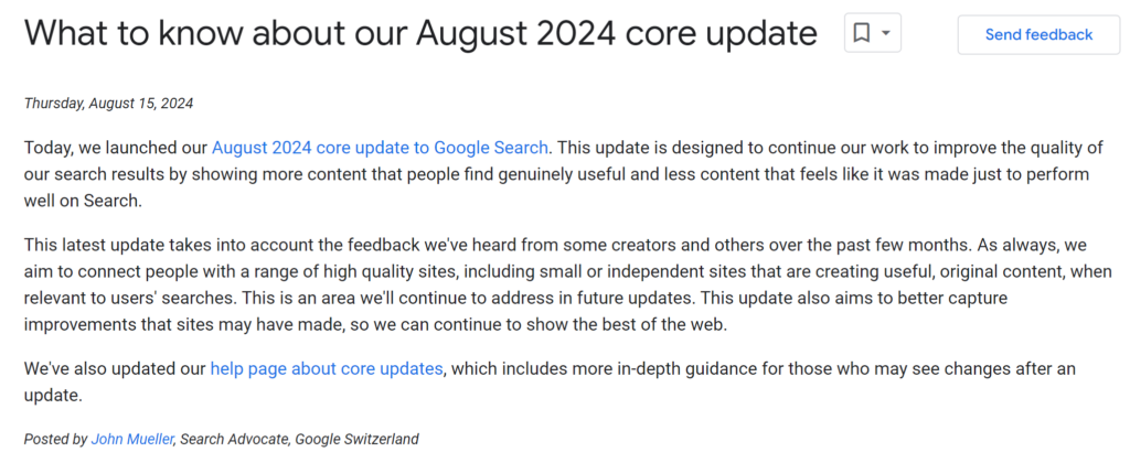 Публикация от Google относно August 2024 Core Update