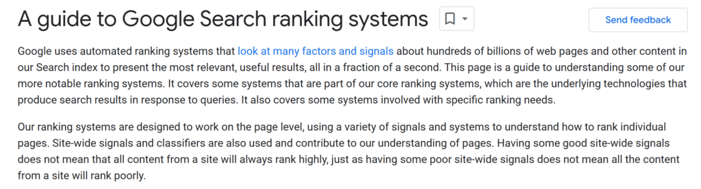 Част от документацията за ranking systems на Google и актуализацията в нея