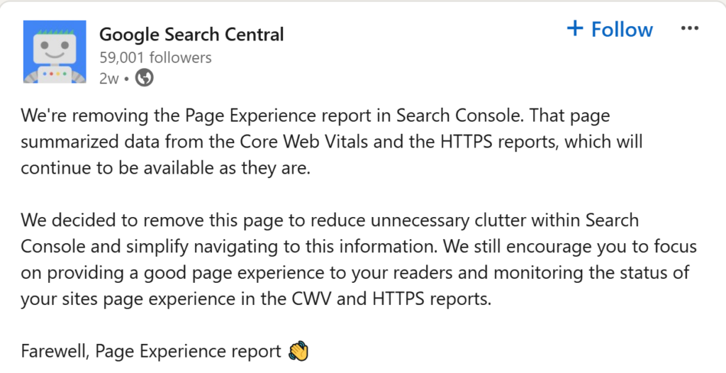 The Google announcement about dropping Page experience report in the GSC