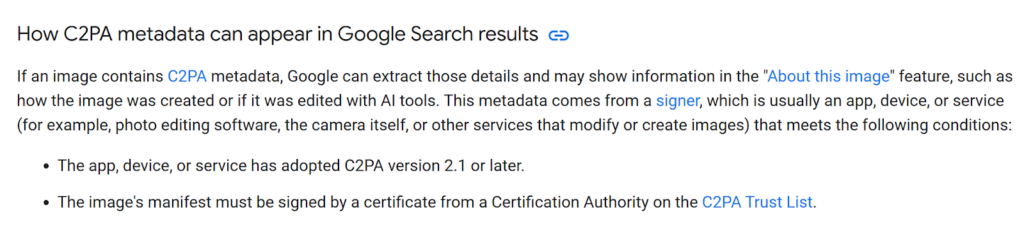 Google documentations for supporting C2PA metadata