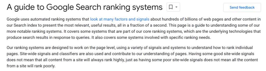 Part of the Google Search ranking systems documentation about the ranking sygnals