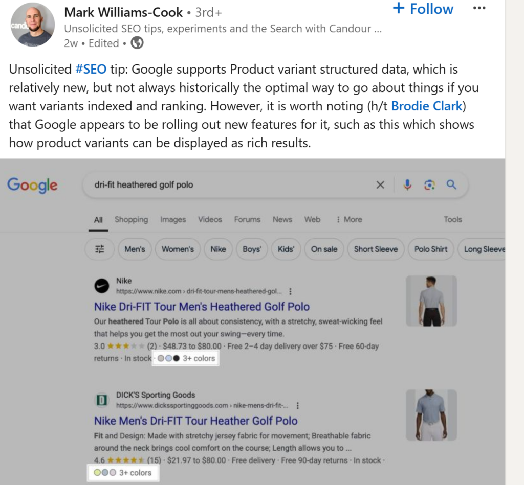 post of Mark Williams-Cook about product variant structured data