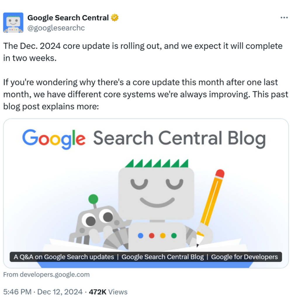 Скрийншот на съобщение от Google за December 2024 Core Update