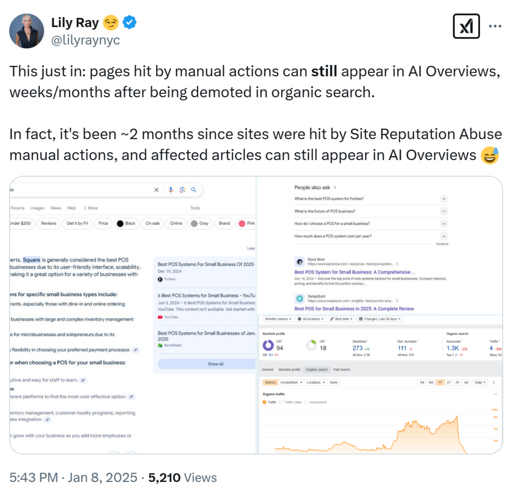 Публикация на Lily Ray за AI Overviews резултатите в SERP